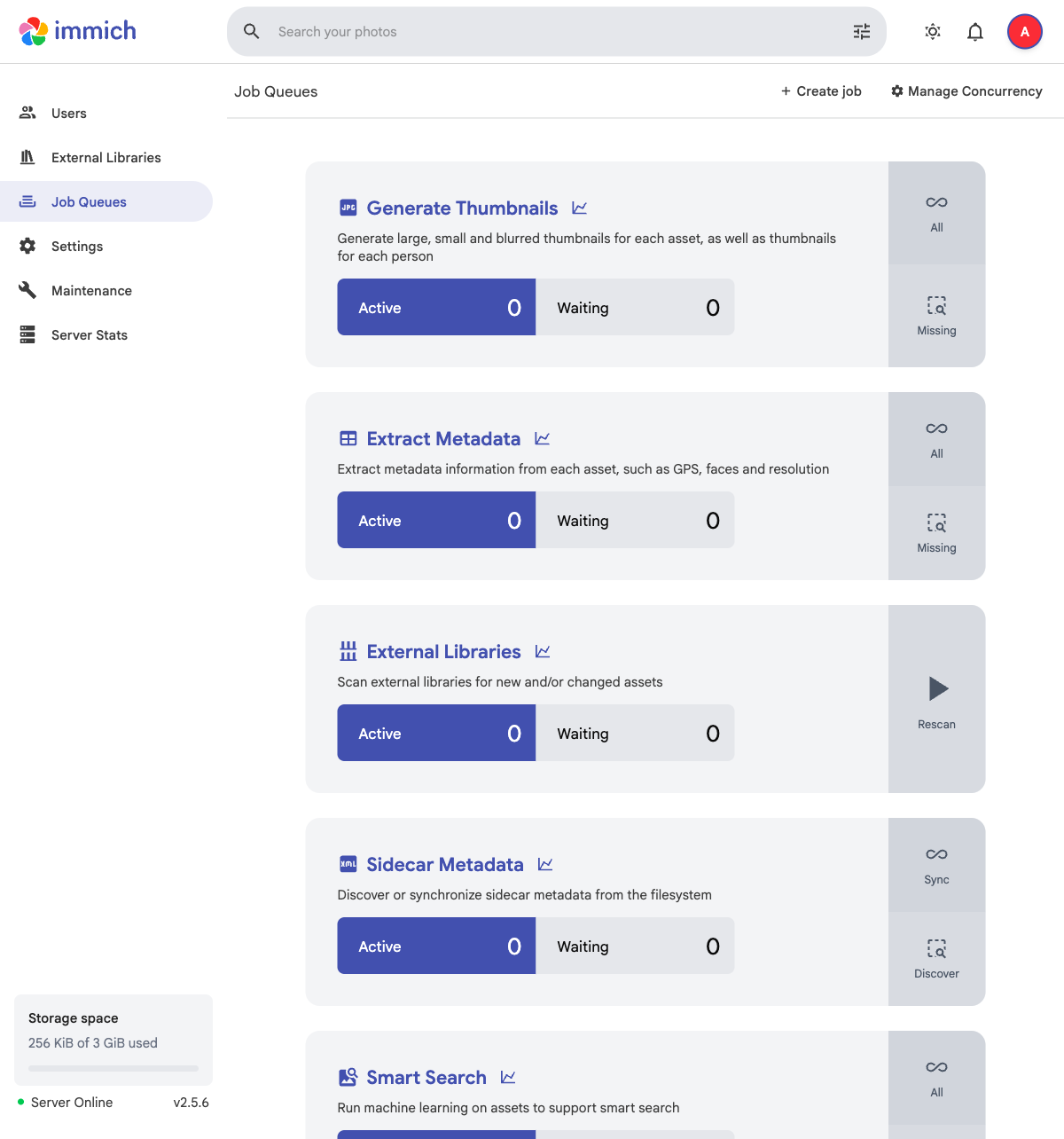 Immich job-dashboard waar gezichtsherkenning, miniatuur-generatie en metadata-extractie automatisch nieuwe foto's verwerken op je eigen server