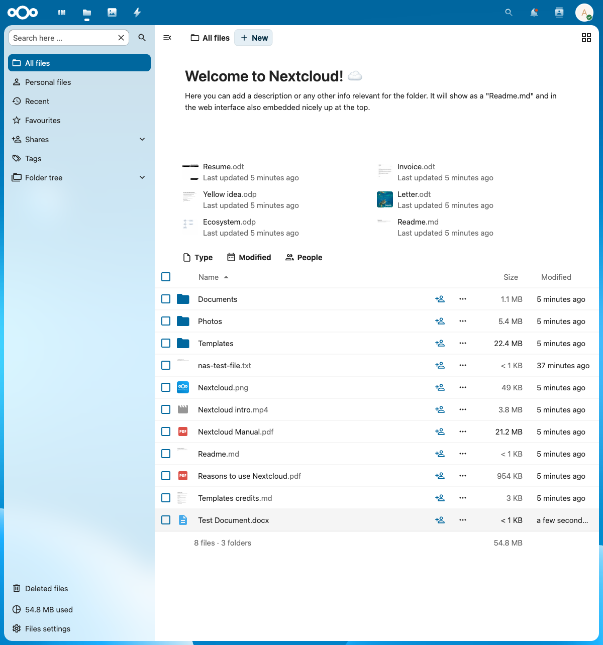 Nextcloud Files webinterface met mappen, bestanden en deel-opties op een WolkBox thuisserver